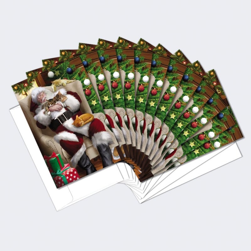 Tree-Free Greetings - Season's Greeting Cards - Artful Designs - 12 Cards + White Envelopes - Made in USA - 100% Recycled Paper - 4 x 6 - Cat Nap Santa (FS93513) - Image 1